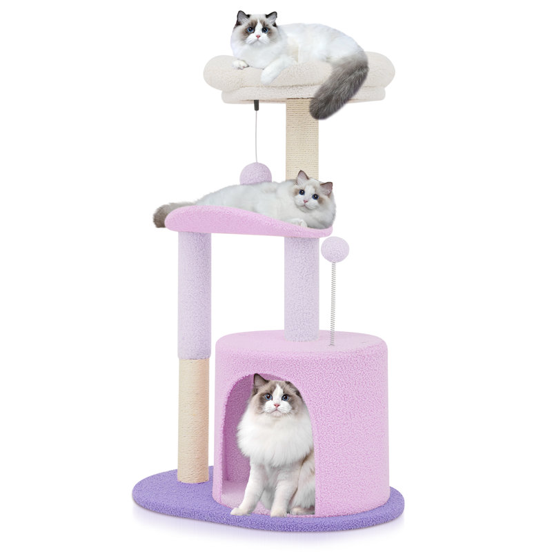 Purple Freestanding Sisal Cat Tree Tower with Cozy Perches