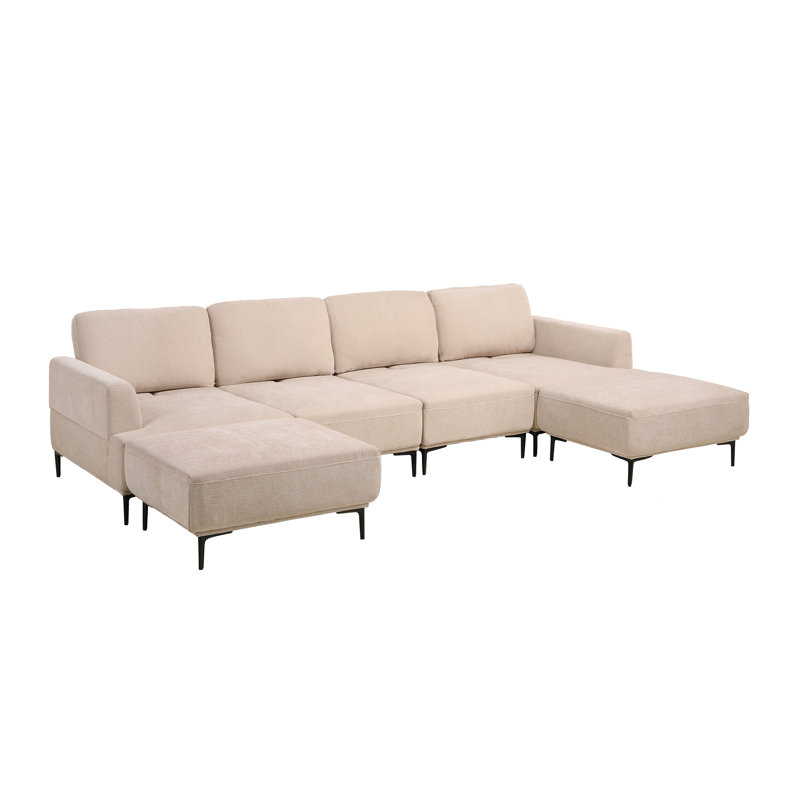 Upholstery Sofa With 2Pcs Stool, Beige, 33" H x 129" W x 71" D, 4