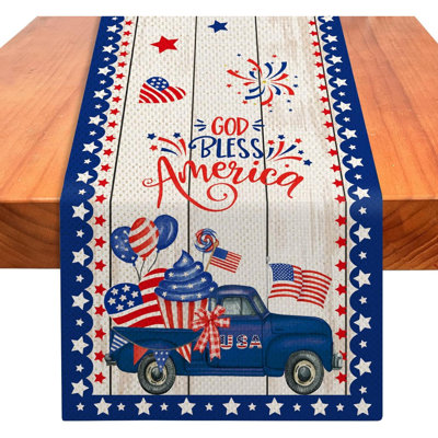 4Th Of July God Bless America Truck Table Runner 72 Inches Long, Patriotic Memorial Day American Flag Stars Table Runner, Independence Day Rustic Dining Room Table Decor For Kitchen Home Party