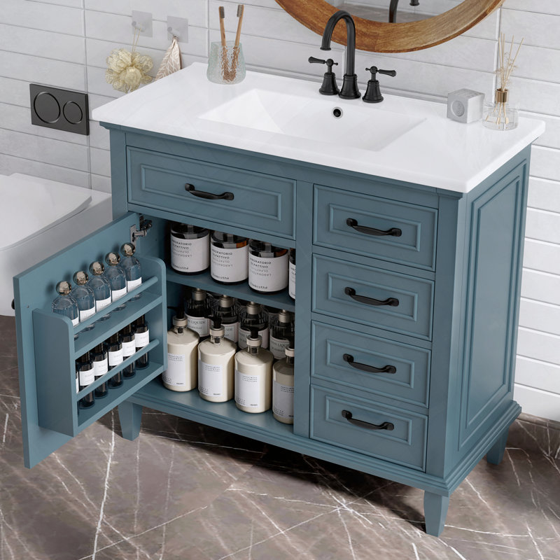 Meuble-lavabo autoportant avec tiroirs en céramique et tablette réglable, Bleu gris