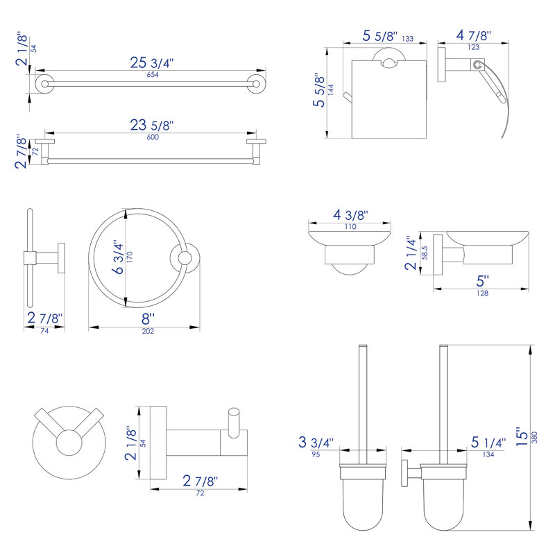 Ensemble d’accessoires de salle de bain 6 pièces assortis, Nickel brossé