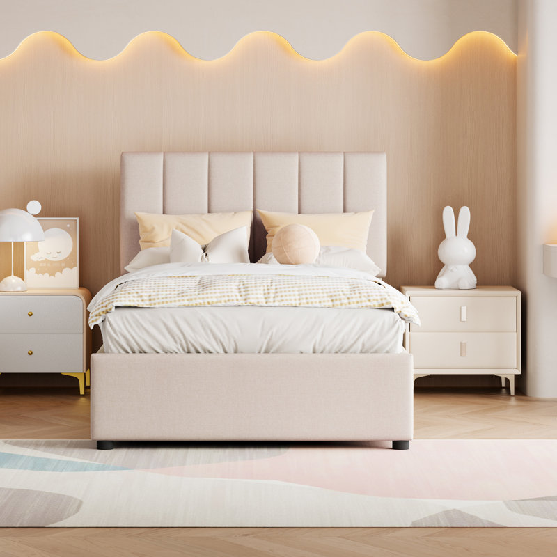 Lit escamotable hydraulique en lin beige avec rangement caché