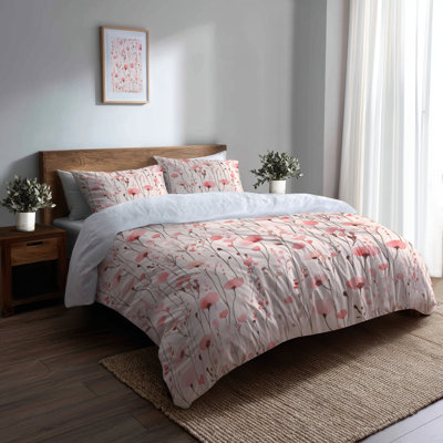 French Country Bedding Set Of 3 - Floral Cottage Pink Fields Duvet Cover And Throw Pillow Set