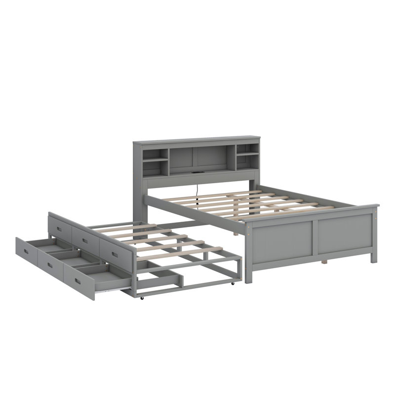 Lit plateforme avec tête de lit, USB, lit gigogne et 3 tiroirs, gris, Lit double