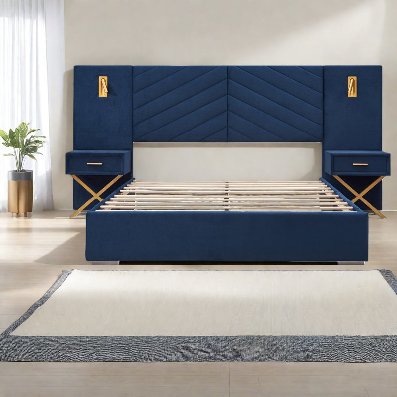 Lits en velours de qualité supérieure de qualité supérieure, plateforme en bois, à oreilles modernes pour la maison