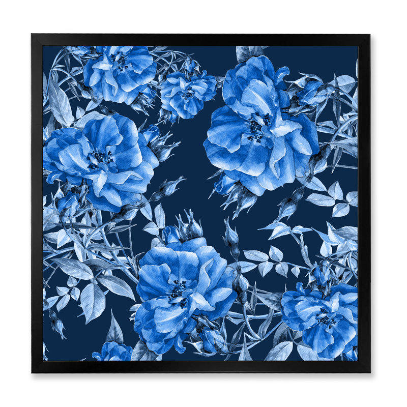 Fleurs bleues abstraites - Peinture sur toile, Cadre noir, H 30 po x l 30 po x P 1 po