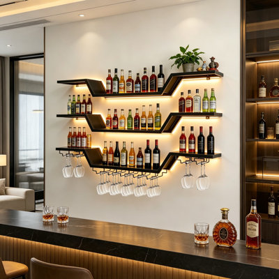 Wall Mounted Wine Rack With LED Lights, 3-Tier Floating Metal Wine Shelf And Glass Holder For Home Bar, Dining Room, Or Cafe Decor