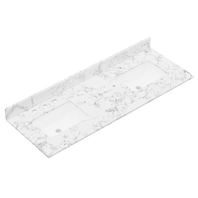 Comptoir-lavabo en pierre reconstituée de 152 cm (60 po) avec double vasque en céramique et dosseret.
