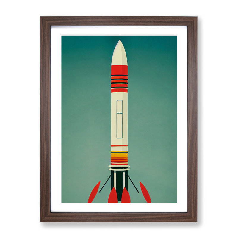 Retro Spaceship Rocket No.1 - Framed Print, 34cm H x 25cm W x 2cm D, Brown Framed