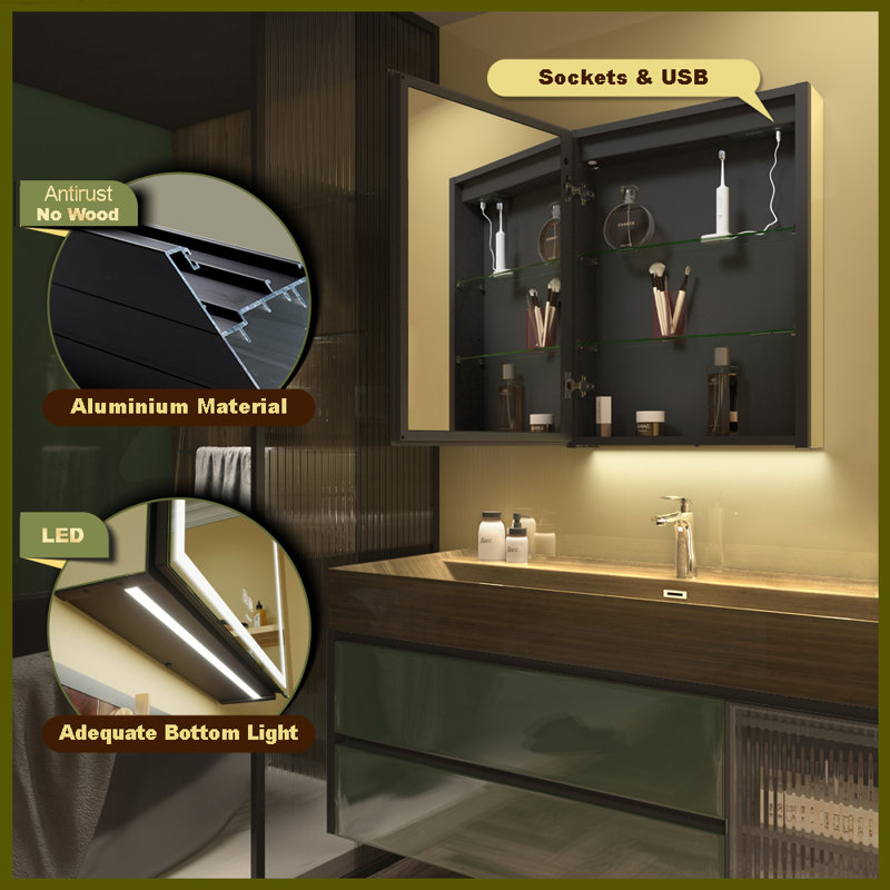 LED Bathroom Medicine Mirror Cabinet, Defog, Dimmable, 3-Color Mode, Outlets & USBs, 28" H x 20" W x 5" D, Left Hinge