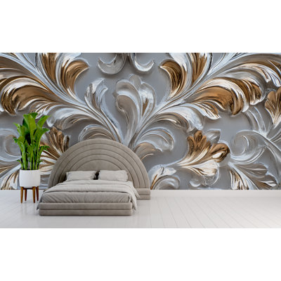 Luxury Baroque Silver And Gold Leaf Wallpaper – Elegant Embossed Design – Classic Ornate Style Wall Mural For Living Room, Dining Room, Or Boutique Interiors