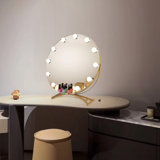 Large and Bright LED Metal Mirror Touch Dimmable Swivel Tabletop Mirror Hollywood Round lighted Makeup Mirror with 11 bulbs and 3x Magnification