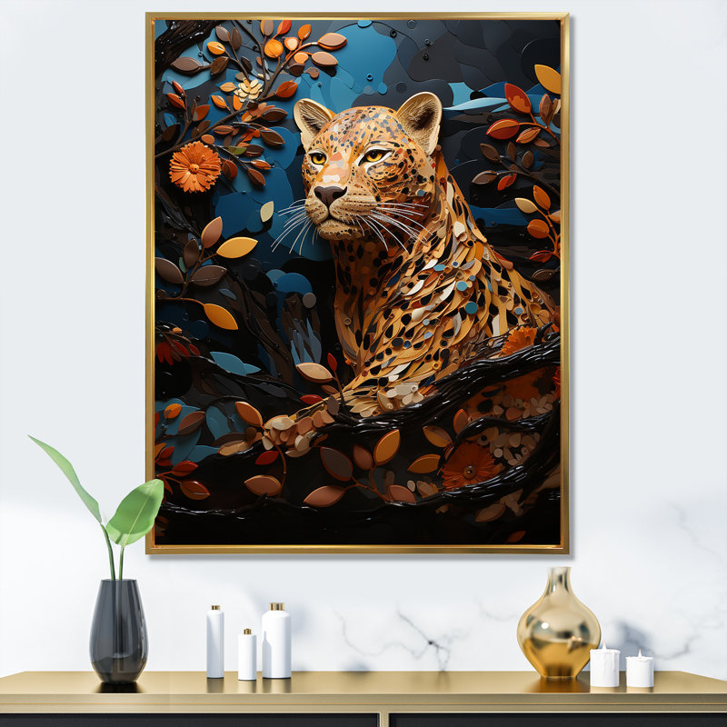 Présence symbolique de jaguar II, H 32 po x l 16 po x P 1 po, Cadre flottant doré