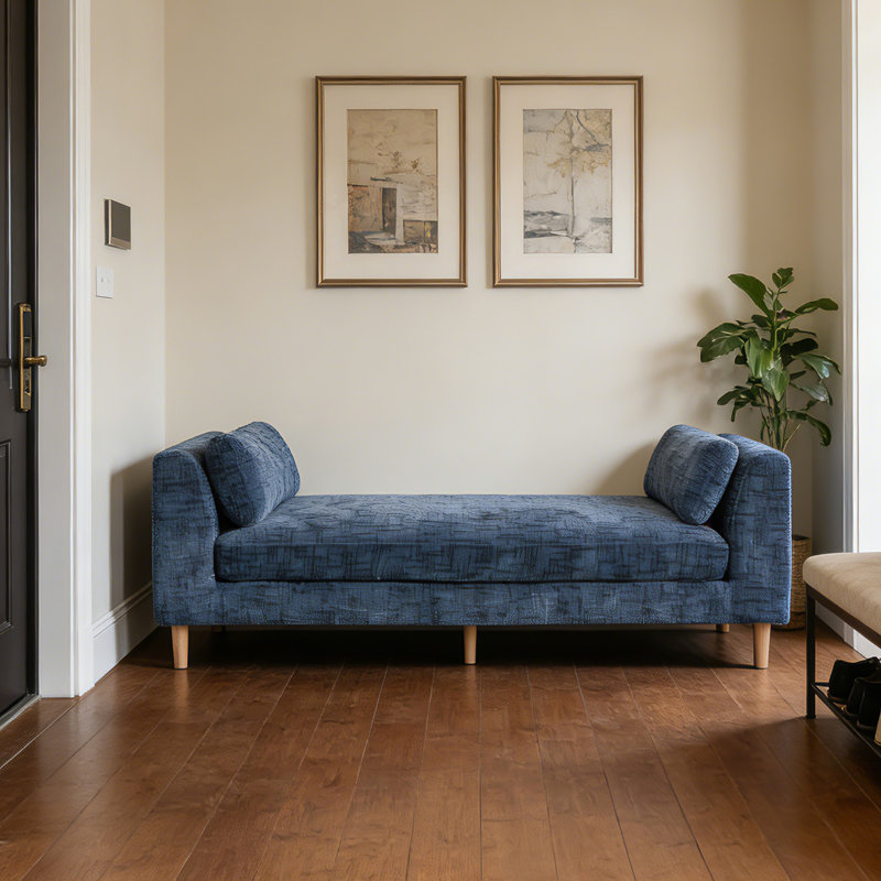 Blue Chenille Large Modern Ottoman with Two Cushions ,Sturdy Wooden Legs Foot Stool, Blue