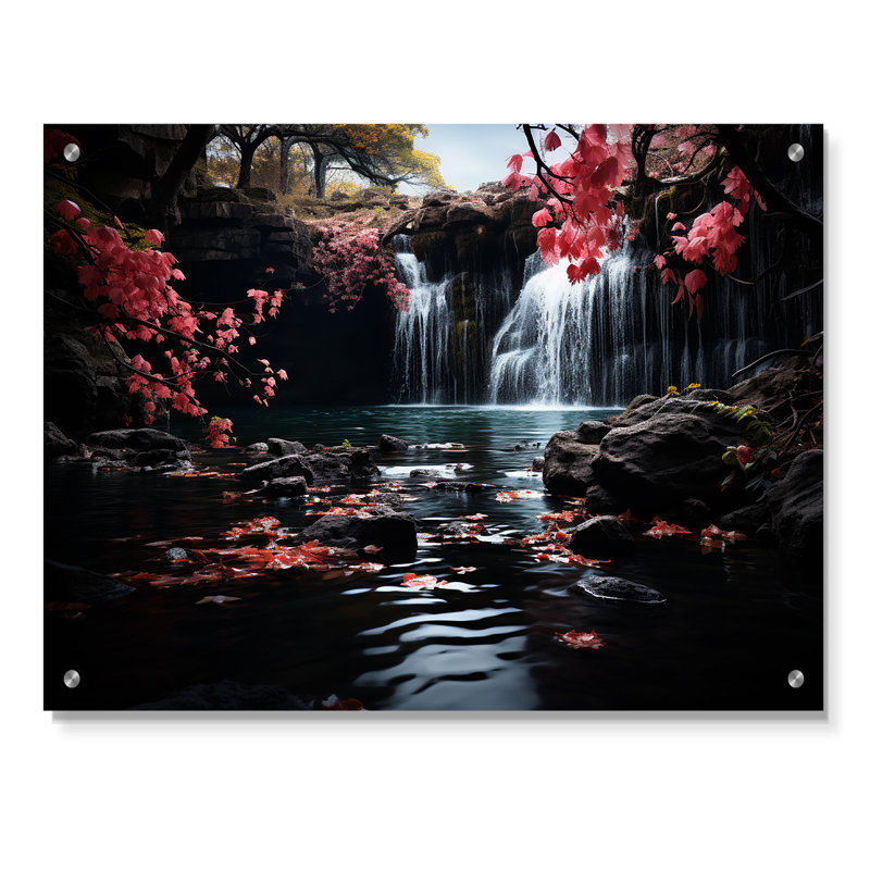 «Peach Tree Waterfall Natures Elegance II», art mural acrylique cascade moderne, H 30 po x l 40 po