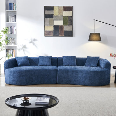 Canapé incurvé bleu en chenille, garni de mousse haute densité, livré monté, 2 places, avec revêtement, mousse et outils inclus, idéal pour le salon ou le bureau à domicile.