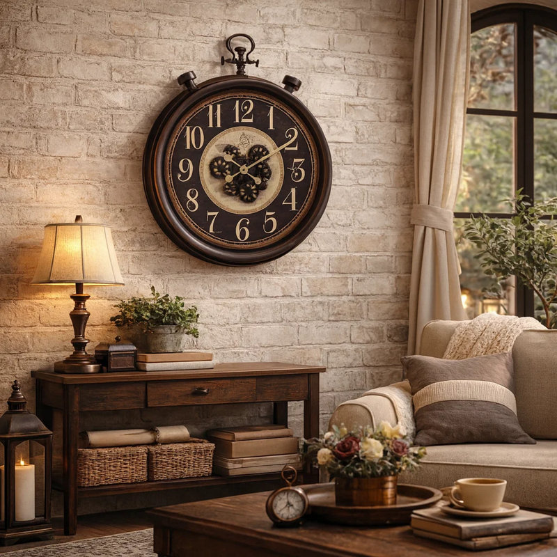 Horloge murale ronde Wily, mécanisme de changement de vitesse, 24 po, brun rétro, Brun rétro