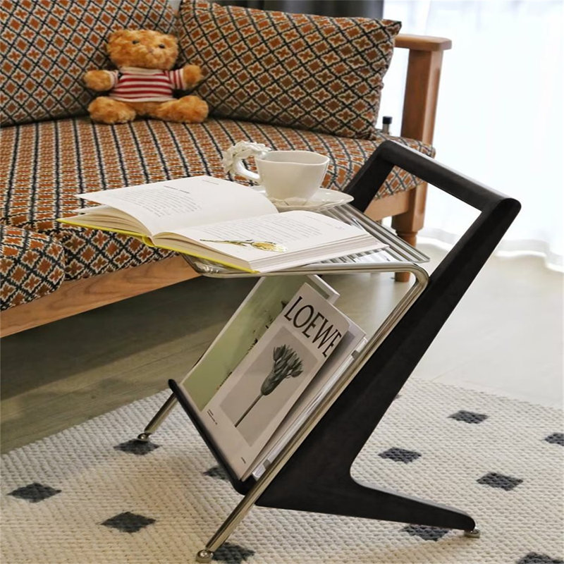 Mid-Century Modern Solid Wood Z-Shaped Side Table with Glass Top & Magazine Rack, Multifunctional Sofa End Table/Nightstand for Living Room, Bedroom, Study