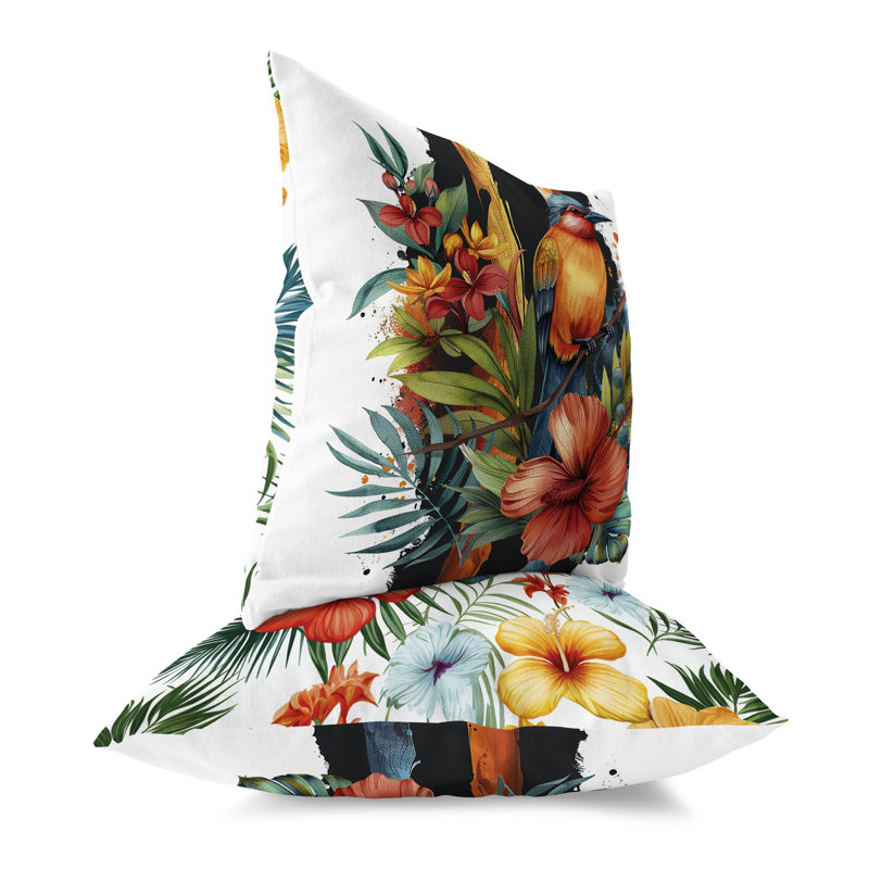 Coussin décoratif intérieur / extérieur Tropical Jungle Bird, Bleu / Orange, H 16 po x l 16 po