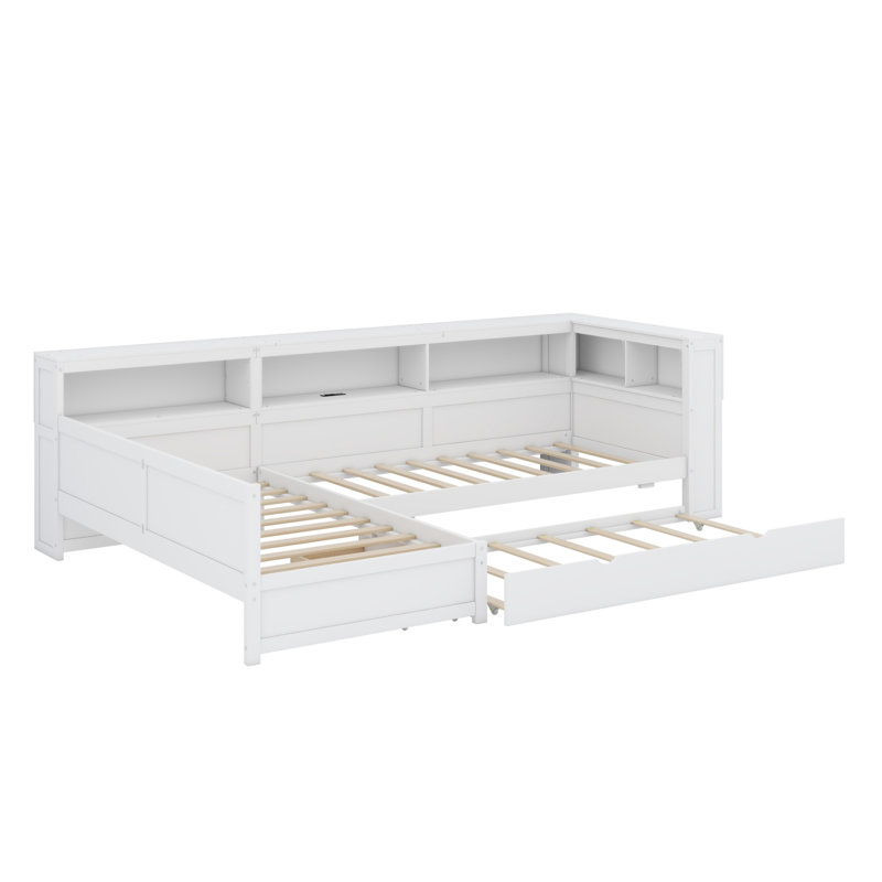 Lit plateforme en bois en L avec lit gigogne et tiroir, Blanc