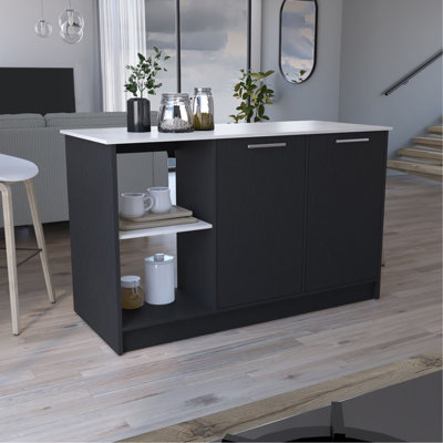 Îlot de cuisine avec grande surface supérieure, armoire à deux portes et tablettes ouvertes noir / marbre Ibiza