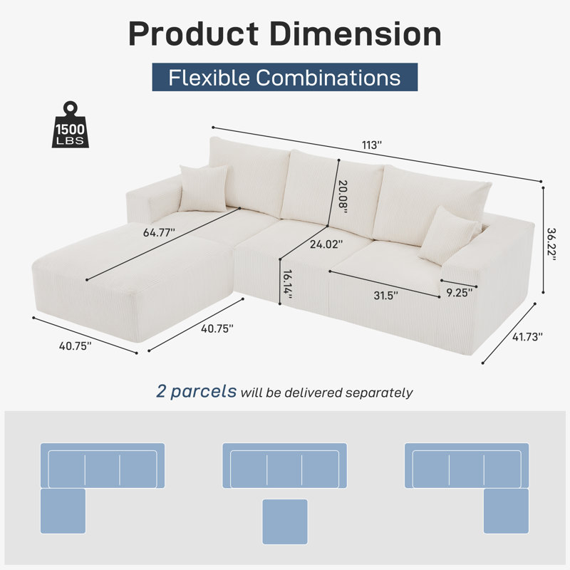 Canapé modulaire sans assemblage de 113 po Boneless, Velours côtelé beige