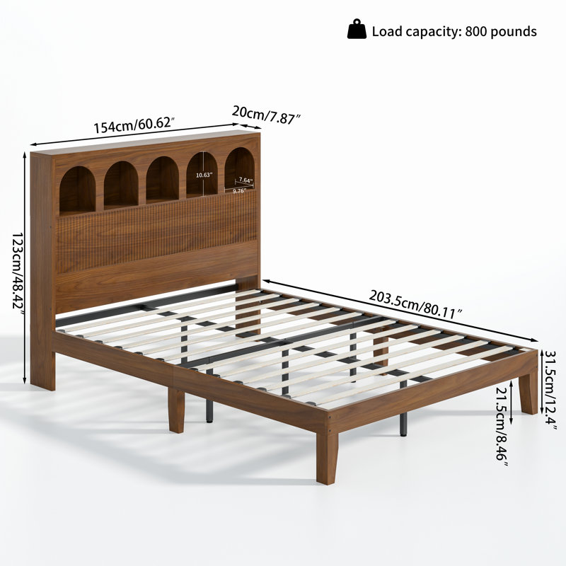 Bed Frame With Storage Headboard, No Box Spring Required, Queen, Walnut