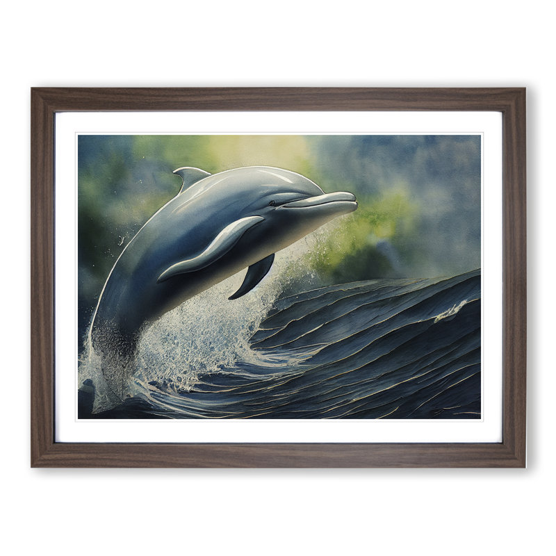Watercolour Dolphin - Single Picture Frame Painting, 46cm H x 64cm W x 2cm D, Walnut