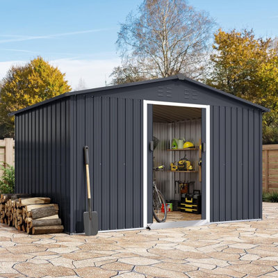 Remise de rangement extérieure en métal résistant aux intempéries 10 x 10 pi avec porte verrouillable pour tondeuse à gazon, vélo et équipement de jardin