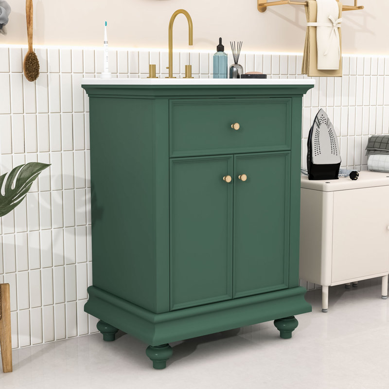 Meuble-lavabo en bois avec lavabo en céramique, tiroir et porte, Green