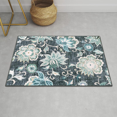 2x3 feet indoor floral entrance carpet, anti slip and washable ultra-thin anti shedding carpet, bedroom and bathroom carpet (blue)