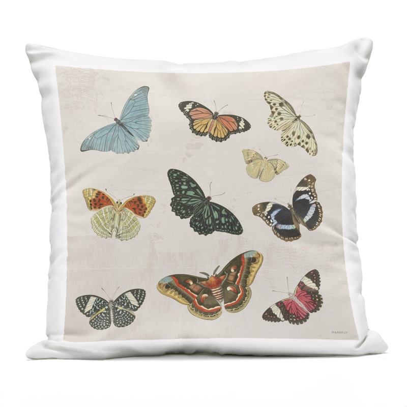 Coussin assorti d'extérieur imprimé papillons sur fond neutre, par Dan Meneely, 18 x 7 x 18, Papillons beiges, Simple