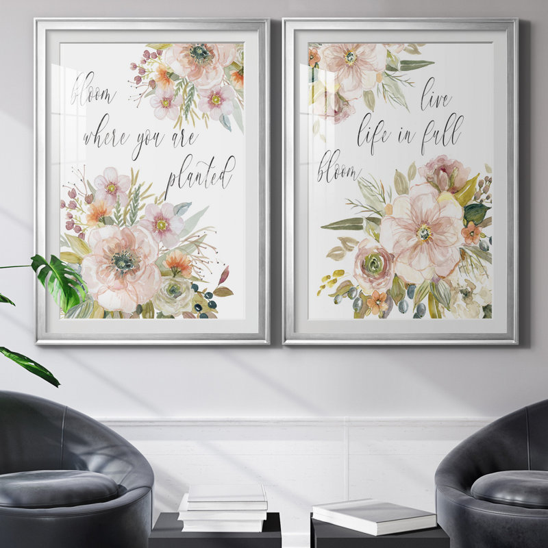 «Peach Bloom I», ensemble de 2 impressions, Papier avec cadre argenté, Blanc, H 26,5 po x l 73 po x P 1,5 po