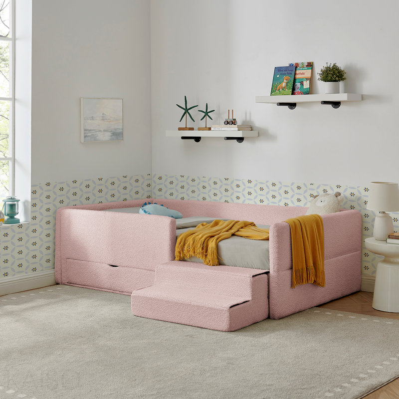 Lit pour enfant multifonctionnel confortable avec garde-corps et rangement, lit simple avec marchepied de sécurité, tissu Boucle
