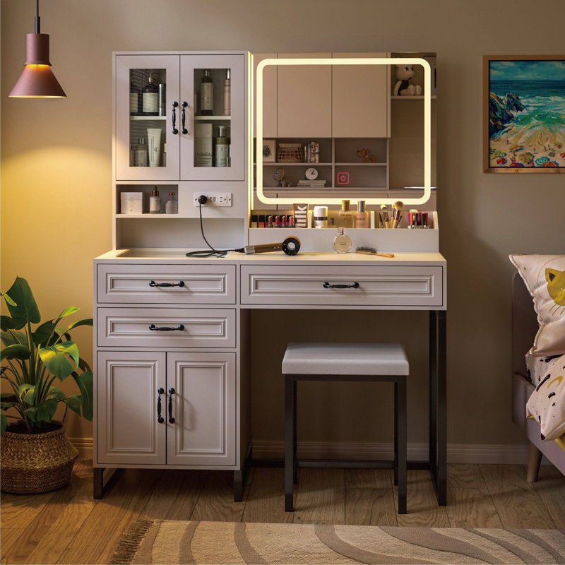 43"Wide Makeup Vanity Set With Light and Mirror and Power Outlet, White/Black