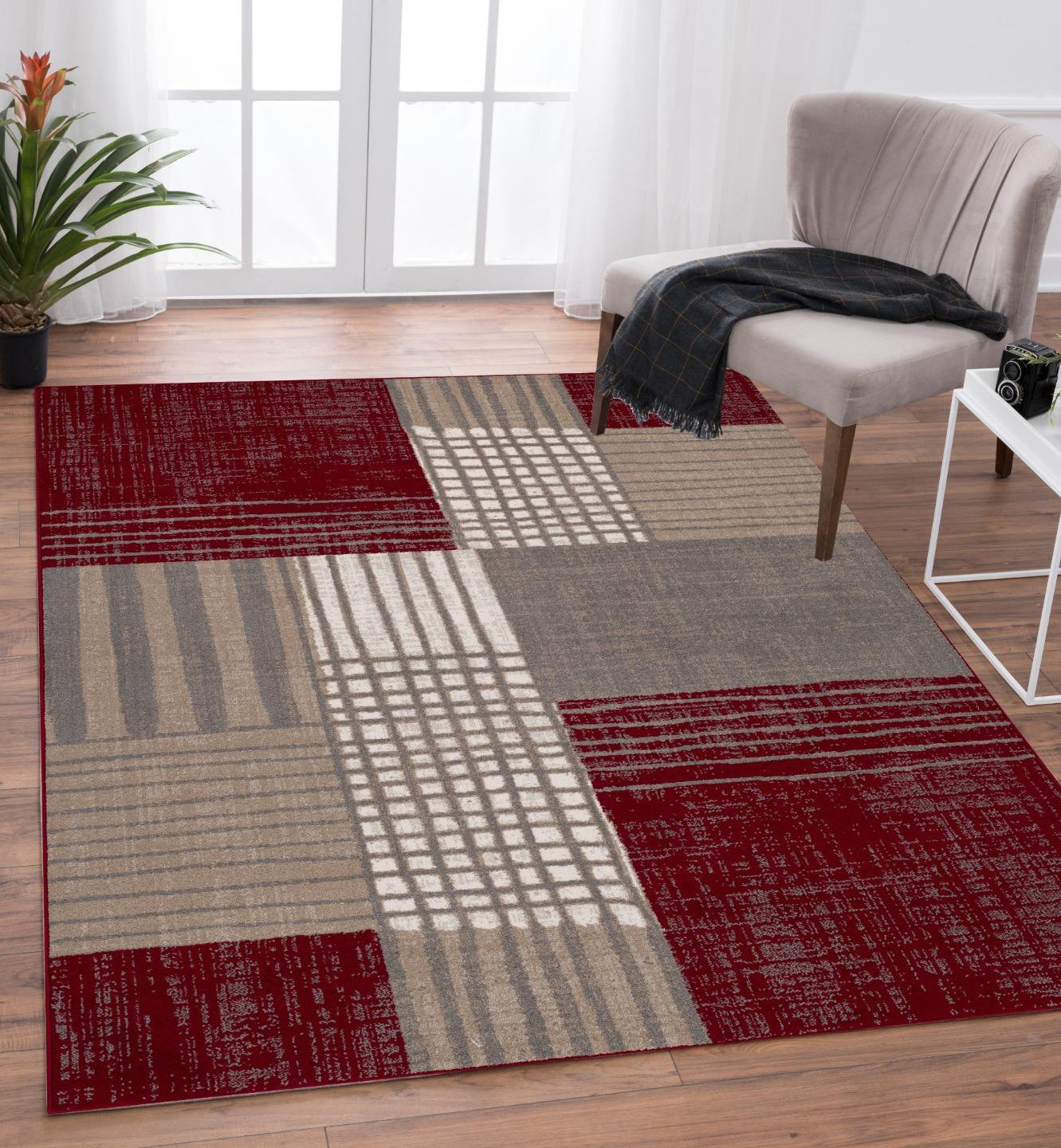 Luxe Weavers Incas Collection 184 Red 5X7 Modern Plaid Area Rug | Wayfair