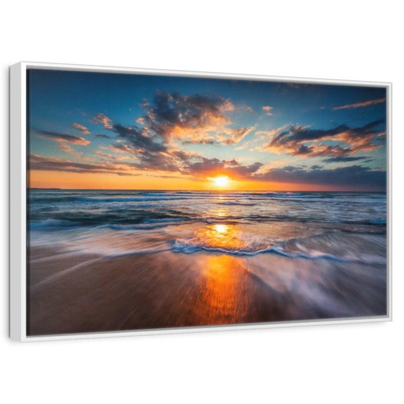 Été, océan, lever de soleil, Cadre flottant blanc, 40 po x 27 po