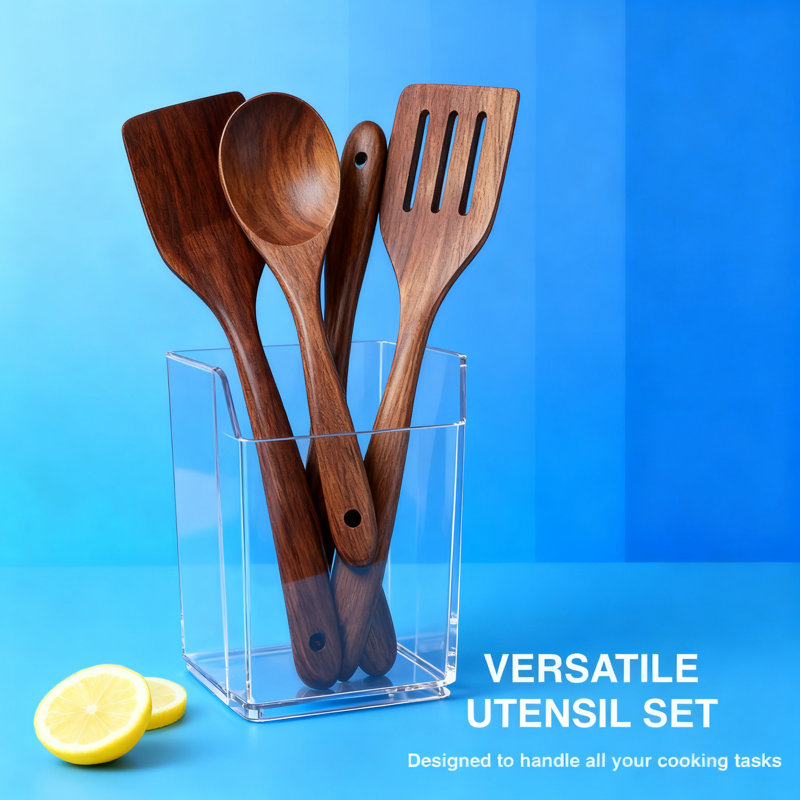 Ensemble d'ustensiles en bois de teck 10 pièces pour la cuisson - Résistant à la chaleur, cuillères et spatules anti-rayures pour batterie de cuisine antiadhésive, finition lisse, prise confortable, ustensiles de cuisine durables