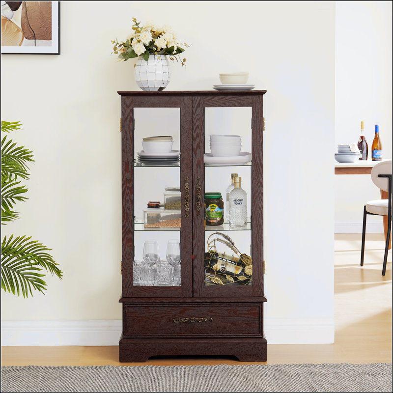 Lighted Glass Curio Cabinet With Adjustable Shelves - Elegant 2-Door Display & Built-In Drawer, Cherry
