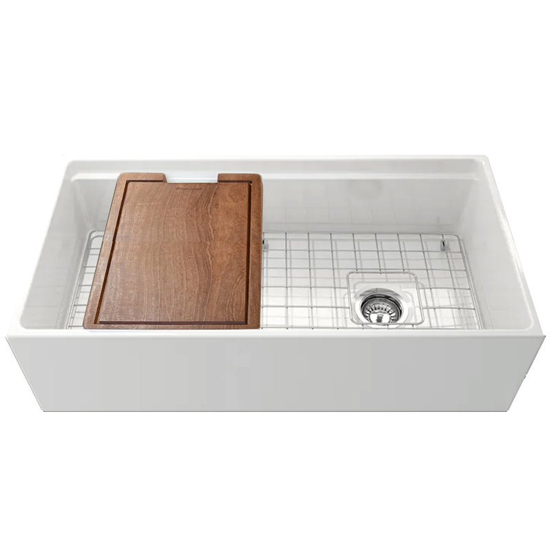 36" L x 19" W Farmhouse/Apron Kitchen Sink with Basket Strainer, Cutting Board, Drain Asembly and Sink Grid, White