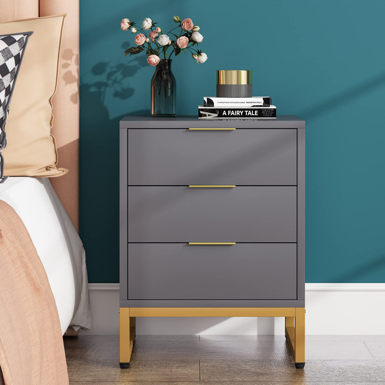 Carncastle 44.9cm W Manufactured Wood Bedside Table, Grey/Gold