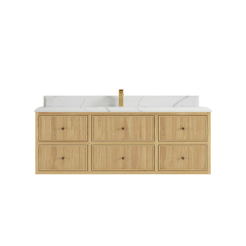 Sonoma Floating Teak 60'' Single Bathroom Vanity with Quartz Top, Calacatta Laza