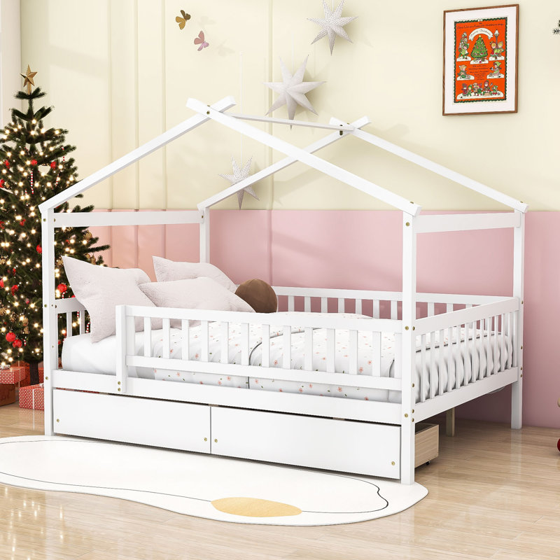 Lit de maison avec tiroirs de rangement et toit Ansam, Double, Blanc