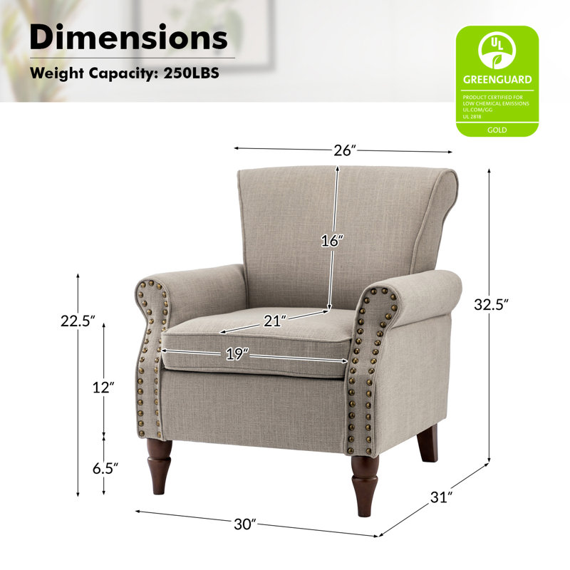 Fauteuil rembourré avec pieds en bois massif Mooresville, Polyester gris