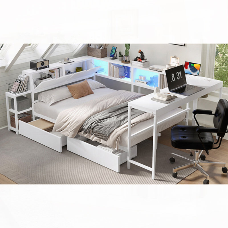 Cadre de lit d'angle avec bibliothèque et 2 tiroirs de rangement sous le lit, lit moderne avec lumière DEL et station de charge