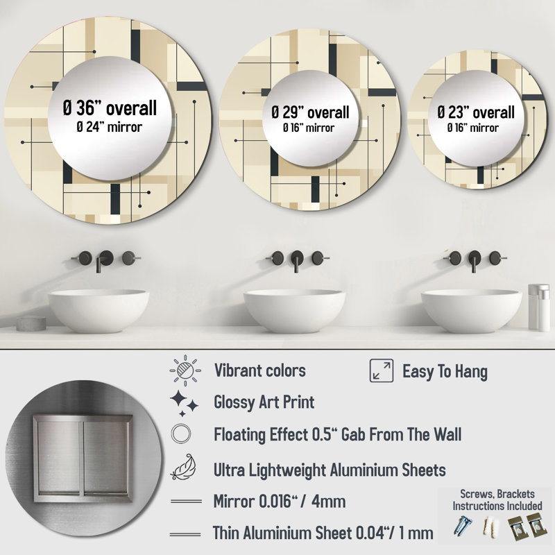 Beige et gris Minimalist Grid Harmony - miroir mural géométrique unique, miroir rond moderne, impression d'art en métal