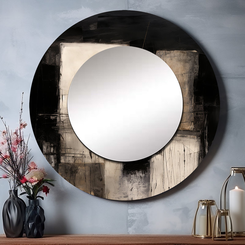 Racie Black Mid Century Fusion IV - Midcentury Modern Wall Mirror, Gray Round Decorative Mirror, Printed Metal Art, 23" x 23"