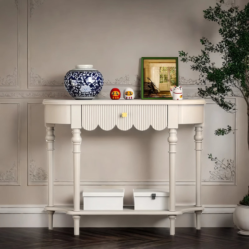 Solid Wood Semi-Circle Entryway Console Cabinet, Cream, 33.5" H x 55.1" W x 11.8" D
