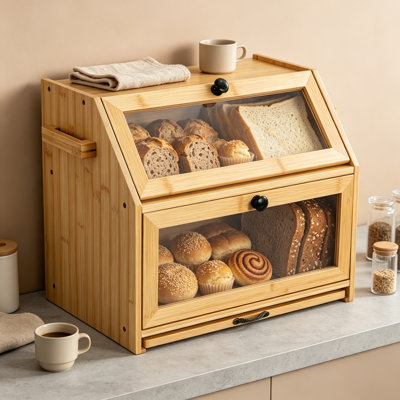Vintage Solid Pine Double Layer Bread Box, Ventilated Wooden Bread Bin with Acrylic Front Door, Large Countertop Food Storage Cabinet