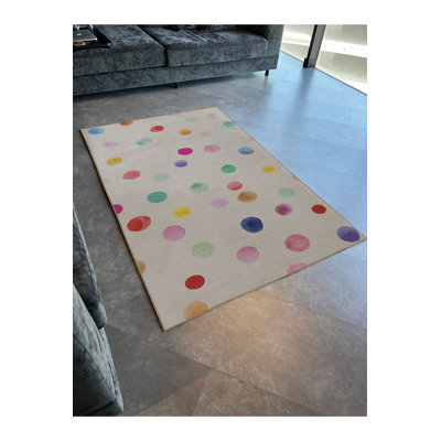Beige Multi Colour Dot Circle Shape Pattern Modern Decorative Machine Washable Area Rug